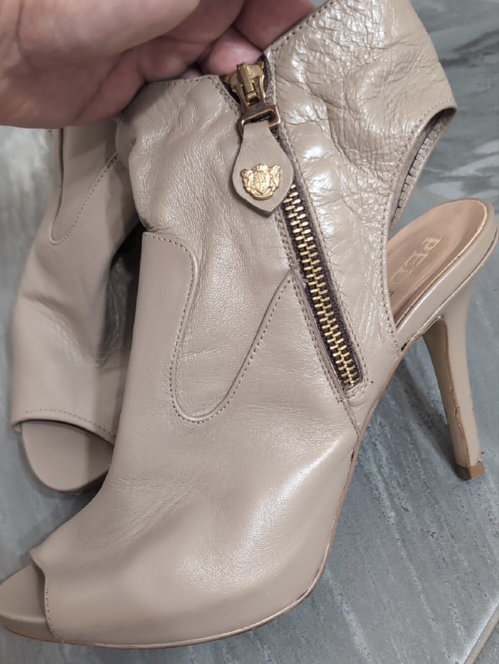 Pedro Miralles Taupe Leather Open-Toe Ankle Boots with Gold Logo